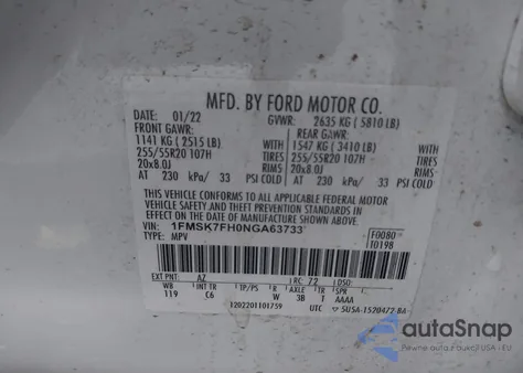 2022 Ford Explorer Limited z USA, uszkodzony, nr VIN 1FMSK7FH0NGA63733